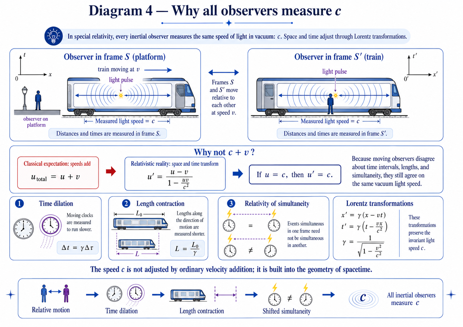 Diagram showing why all inertial observers measure the same speed of light