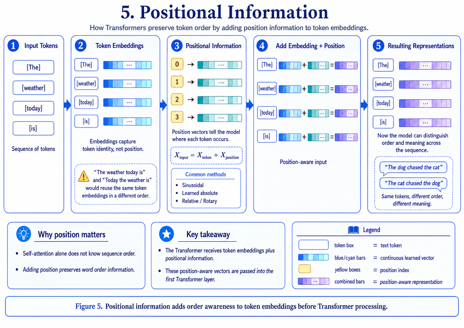 Positional information diagram showing token embeddings, positional vectors, and their addition into position-aware input representations