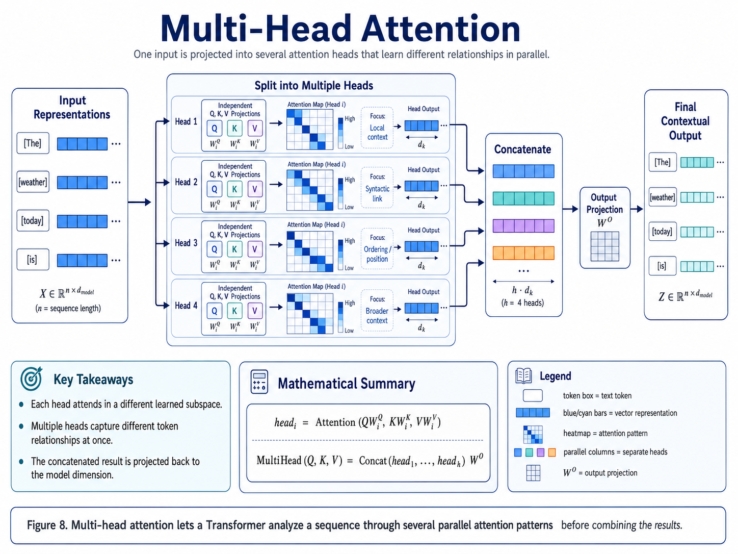 Multi-head attention diagram showing one input splitting into parallel attention heads with separate attention maps, concatenation, and final output projection